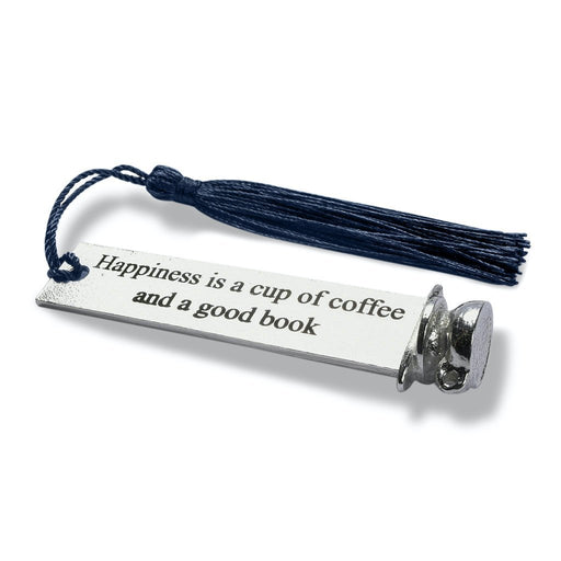 Gift for coffee lovers by Judi Glover Art. The metal bookmark is inscribed with happiness is a cup of coffee and a good book