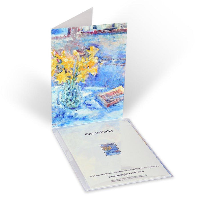 Fine Art Card made from original painting of daffodils in a vase. Made from original art at Judi Glover Art. 