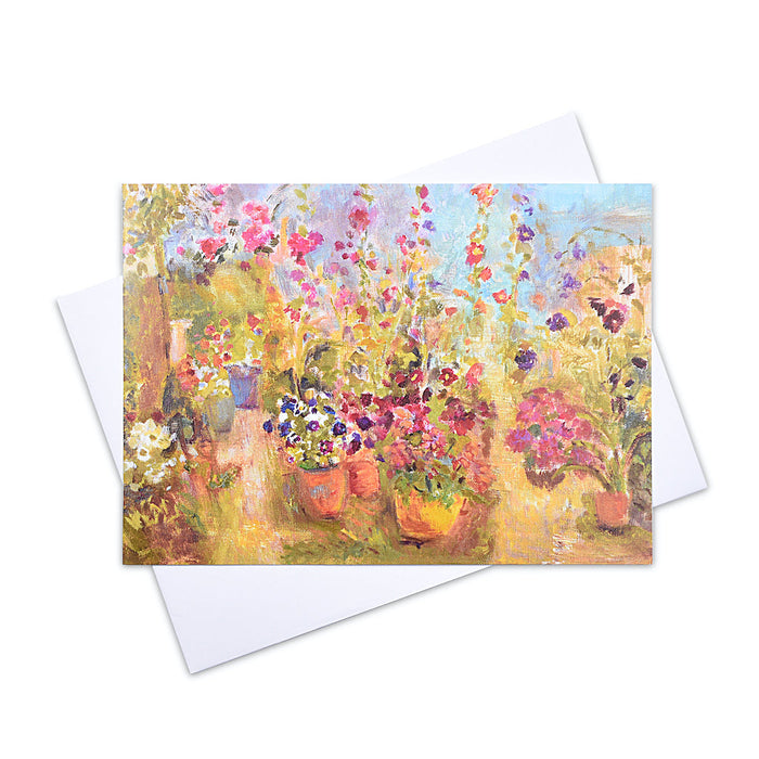 Art card printed from an oil painting. Used as a greeting card, the image shows a garden overflowing with summer flowers. Each floral card measures 7 x 5