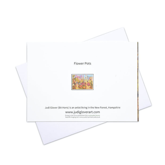 Greeting card by www.judigloverart.com. The art card is printed from a painting of flower pots with flowers in the garden. Each floral card is blank inside