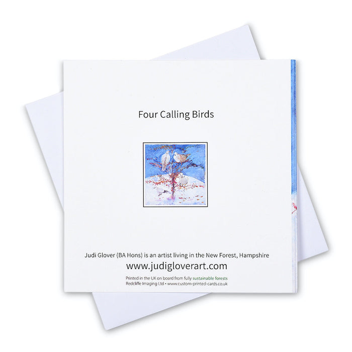 Xmas cards by judi glover art with four calling birds. The pack christmas cards come with 6 cards and show four beautiful collared doves