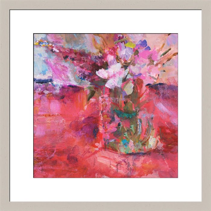 Fine Art Print. Giclee Print made from original painting of a red and pink flowers. Framed prints from original art. Available at Judi Glover Art. Original Painting by Judi Glover. Used for Wall Art.