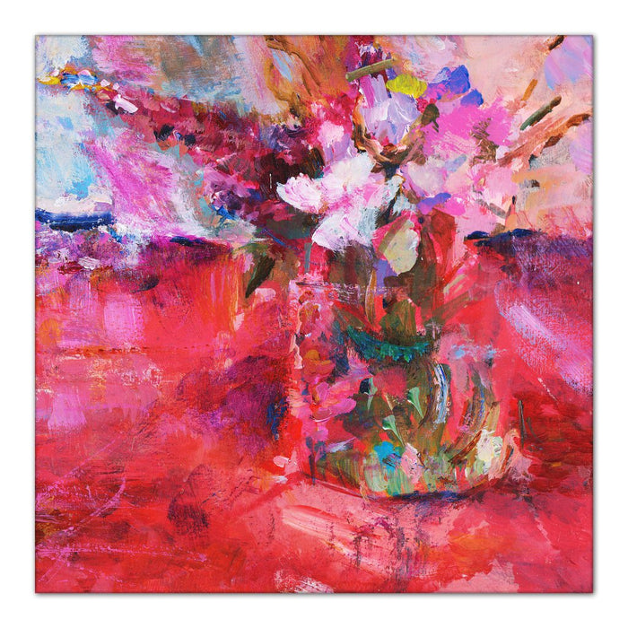 abstract floral Canvas Print. Painting of garden flowers in a vase. Impressionist painting by Judi Glover called glorious reds and pinks. Available as a Stretched Canvas Print for wall art at Judy Glover Art.