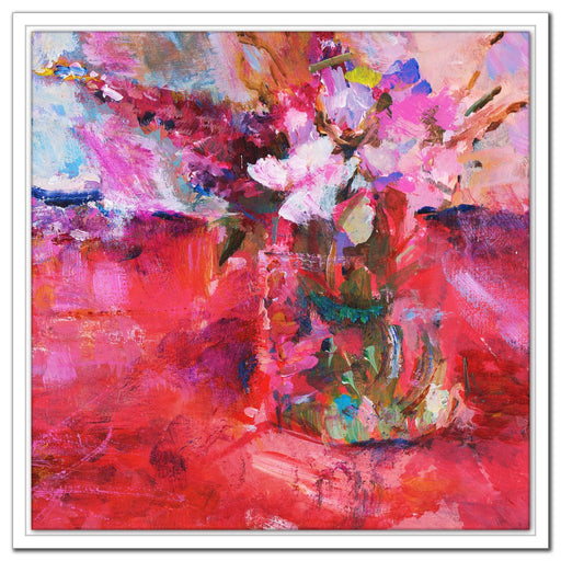 abstract floral Canvas Print. Painting of garden flowers in a vase. Impressionist painting by Judi Glover called glorious reds and pinks. Available as a Stretched Canvas Print for wall art at Judy Glover Art.