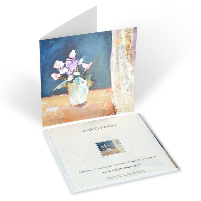 Art greeting card by Judi Glover Art made from an original oil painting of Cyclamen. The fine art card is printed in the UK on high quality 300 gsm card and measures 6" x 6"