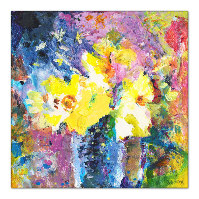 Canvas Print with flowers. Painting of bright yellow flowers made into a canvas print. Floral painting by Judi Glover called happy flowers which shows yellow Daffodils in bloom. Available as a Stretched Canvas Print and framed canvas print for wall art at Judy Glover Art.