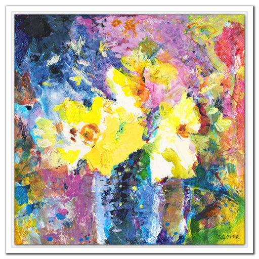 Canvas Print with flowers. Painting of bright yellow flowers made into a canvas print. Floral painting by Judi Glover called happy flowers which shows yellow Daffodils in bloom. Available as a Stretched Canvas Print and framed canvas print for wall art at Judy Glover Art.