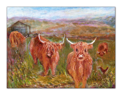 Highland cow canvas with their beautiful heads and long fringes by www.judigloverart.com. This Highland cows canvas print shows a group of Highland cattle in fields behind my studio