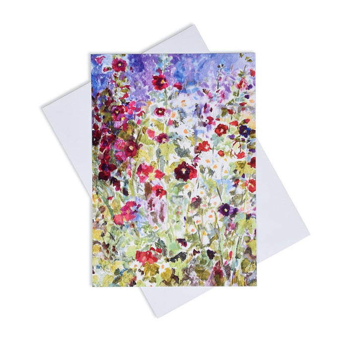 Greeting card by Judi Glover Art. The floral greeting card has bright colours showing hollyhocks and daisies.
