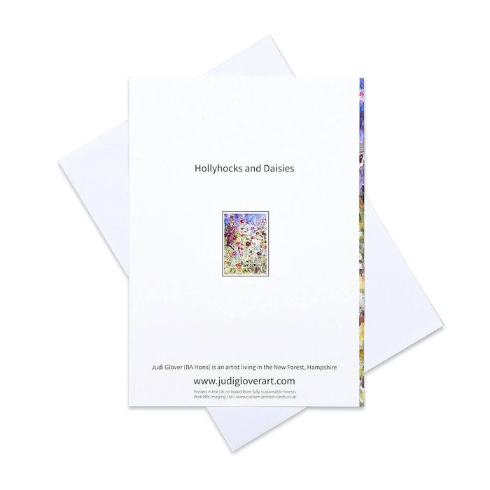 Greeting card by www.judigloverart.com that shows hollyhocks and daisies. The daisies card is from a painting and printed in the UK. Each floral greeting card is blank inside and measures 7 inches by 5 inches.