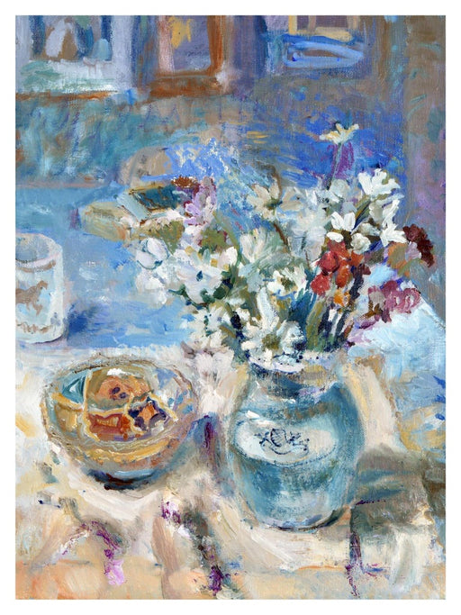 Fine art card by Judi Glover Art from a still life painting of a Turkish bowl on a table next to a vase full of white, red and pink flowers