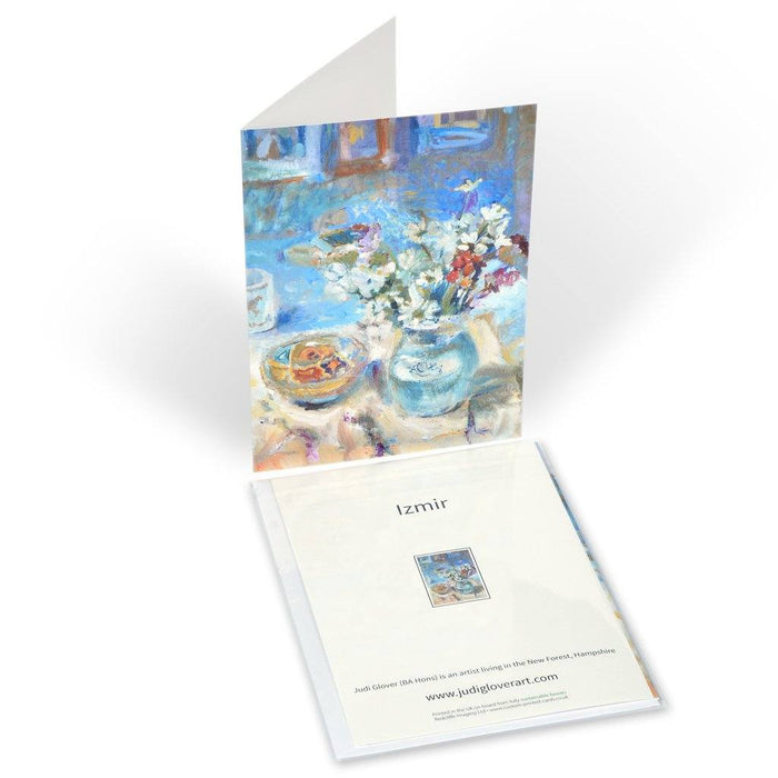 Original art greeting card available online at Judi Glover Art. Showing the front and back of fine art cards which have a still life painting called Izmir which has flowers and a Turkish bowl