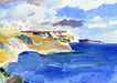 Painting called Jurassic Coast in Dorset that the artistic Greeting Card called the Jurassic Coast in Dorset was made from. Jurassic Coast in Dorset, UK. Fine Art Greeting Card made by Judi Glover available at Judi Glover Art. The card shows the blue seas of the coast in Dorset along with the cliffs. The card is hand printed and made from sustainable forests. 