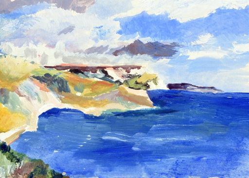 Painting called Jurassic Coast in Dorset that the artistic Greeting Card called the Jurassic Coast in Dorset was made from. Jurassic Coast in Dorset, UK. Fine Art Greeting Card made by Judi Glover available at Judi Glover Art. The card shows the blue seas of the coast in Dorset along with the cliffs. The card is hand printed and made from sustainable forests.