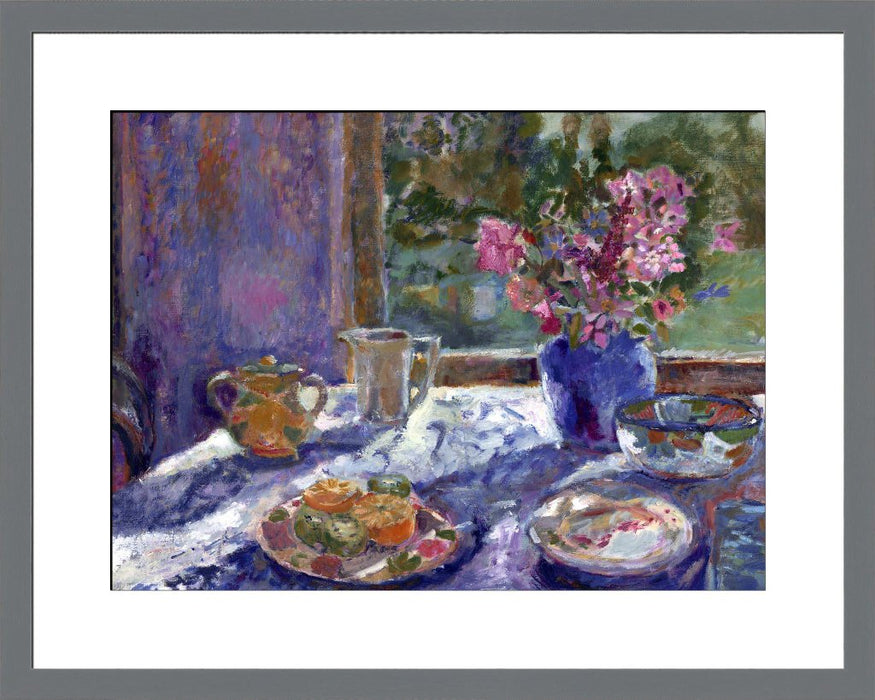 Still life Fine Art Print. Still life art print made from original art. This still life art showing light through a window landing on flowers a teacup and fruit print is available as a unframed fine art print. The fine art print is available as a framed art print. Fine Art prints from Original art by UK artist Judi Glover.