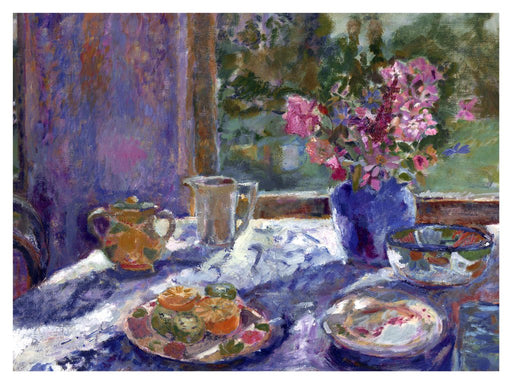 Still life Fine Art Print. Still life art print made from original art. This still life art showing light through a window landing on flowers a teacup and fruit print is available as a unframed fine art print. The fine art print is available as a framed art print. Fine Art prints from Original art by UK artist Judi Glover.