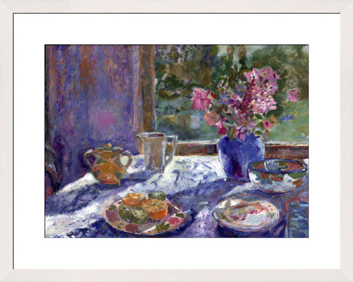 Still life Fine Art Print. Still life art print made from original art. This still life art showing light through a window landing on flowers a teacup and fruit print is available as a unframed fine art print. The fine art print is available as a framed art print. Fine Art prints from Original art by UK artist Judi Glover.