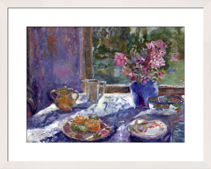 Still life Fine Art Print. Still life art print made from original art. This still life art showing light through a window landing on flowers a teacup and fruit print is available as a unframed fine art print. The fine art print is available as a framed art print. Fine Art prints from Original art by UK artist Judi Glover.