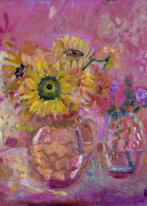 Art Greeting Card. A fine art greeting card made from original art. The original art is of sunflowers on a table in a vase. Strong yellow and pink colours. The original painting art card was painted by Judi Glover. It is available as a fine art greeting card at Judi Glover Art.