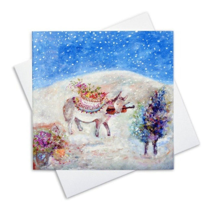Art Christmas Cards by Judi Glover Art. Little Donkey Christmas Cards made from Fine Art in the UK. The painting of a little Donkey is by Judi Glover Art. The Art Christmas Card shows a Donkey in a Christmas Setting with snow falling and is available at Judi Glover Art.