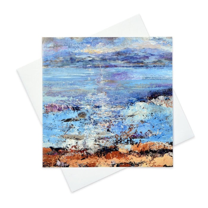 Art greeting Card with the Isle of Mull seen from the Isle of Iona made from original art in the UK by Judi Glover Art
