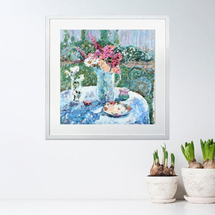 Flower Wall Art made from a fine art painting of Roses and Daisies by Judi Glover Art. Flower Prints show a vase of flowers on a table in an outside setting on warm day