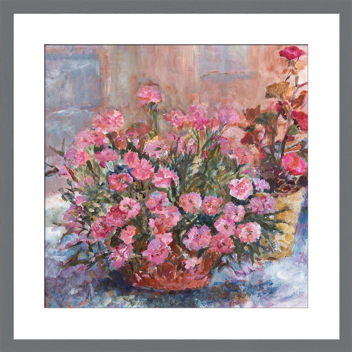 Pink Carnations Fine Art Print. Carnations fine art print made from original art. This giclee art print is available as a unframed fine art print. The fine art print is available as a framed art print. Fine Art prints from Original art by UK artist Judi Glover.
