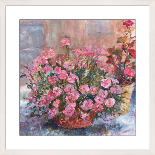 Pink Carnations Fine Art Print. Carnations fine art print made from original art. This giclee art print is available as a unframed fine art print. The fine art print is available as a framed art print. Fine Art prints from Original art by UK artist Judi Glover.