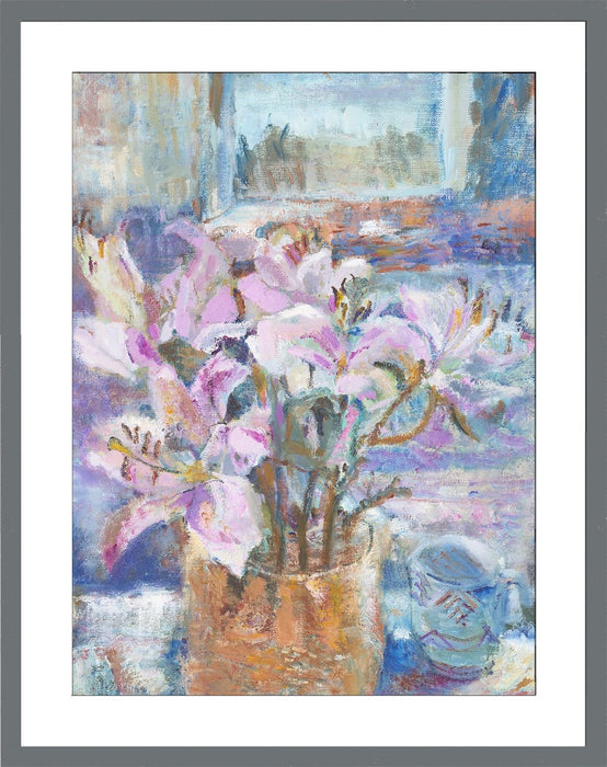Art Print. Art print of Pink Lilies in a vase. Original Still Life Painting by a UK Artist. Available as an giclee art print and a framed art print. Prints from Original Art by UK Artist Judi Glover