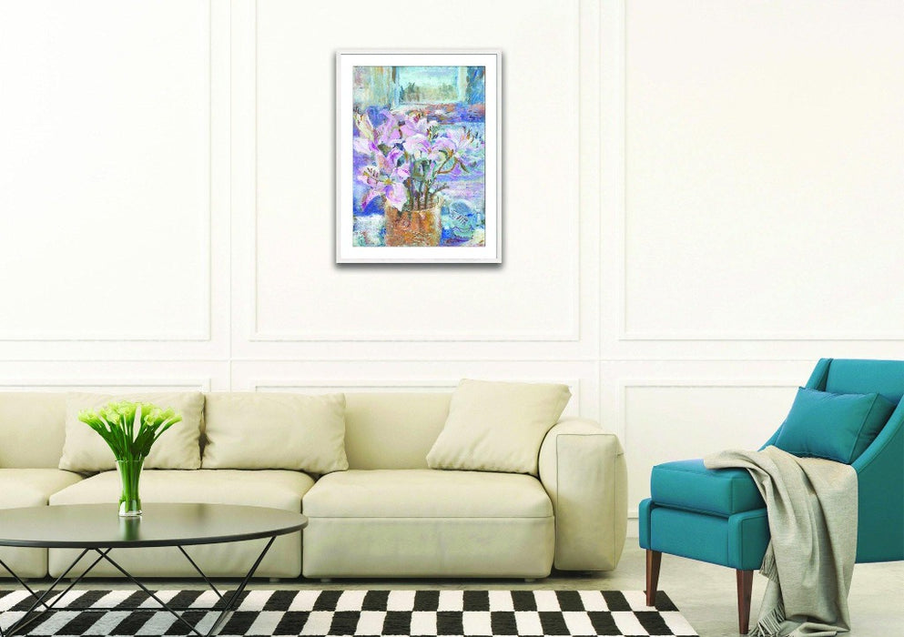 Art Print. Art print of Pink Lilies in a vase. Original Still Life Painting by a UK Artist. Available as an giclee art print and a framed art print. Prints from Original Art by UK Artist Judi Glover
