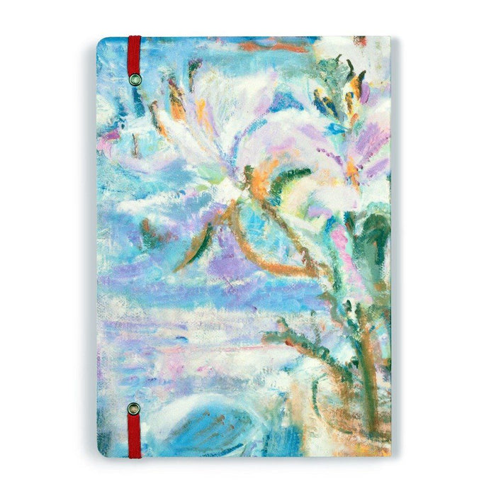 Back of the lilies notebook showing the elastic enclosure. The floral notebook is available online at Judi Glover Art and is lined with 120 pages