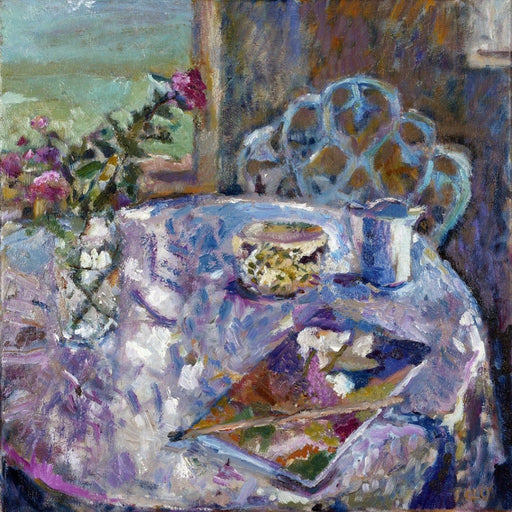 Fine Art Greeting Card made from original art. A still life art card capturing roses sat on a table in a vase surrounded by a book a jug and a bowl. This fine art greeting card was made from an original oil painting. Available as an artistic card at Judi Glover Art. Painted by Judi Glover.