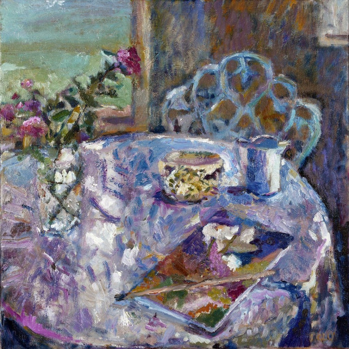 Fine Art Greeting Card made from original art. A still life art card capturing roses sat on a table in a vase surrounded by a book a jug and a bowl. This fine art greeting card was made from an original oil painting. Available as an artistic card at Judi Glover Art. Painted by Judi Glover.
