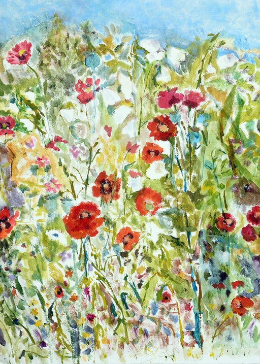 Greeting card with poppies from www.judigloverart.com. The floral card shows poppies in a meadow and is a blank card