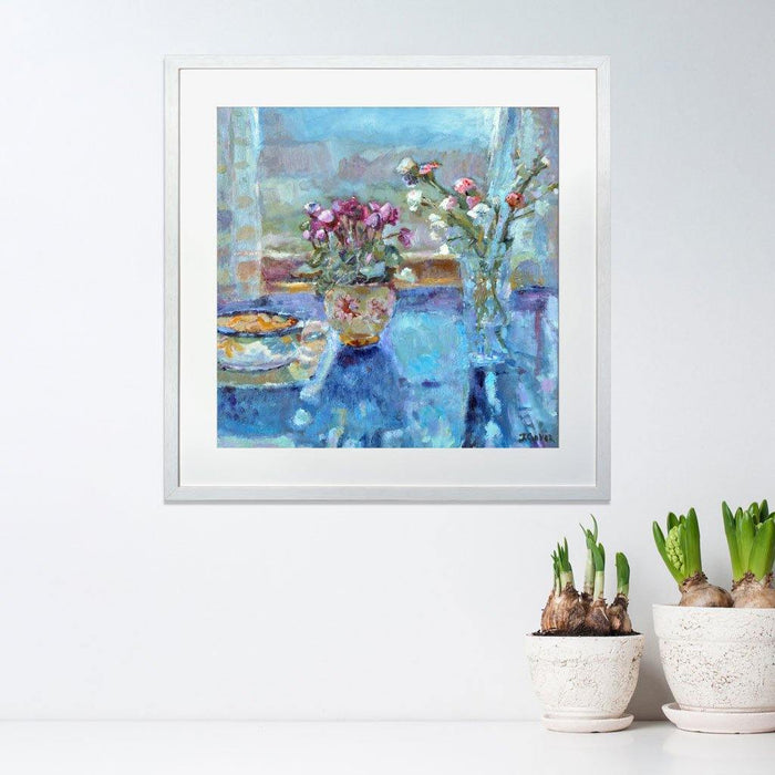 Wall art prints from a painting of a quiet morning with light shining through a window onto flowers. The still life print is available as an art print at Judi Glover Art