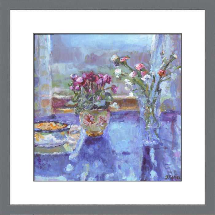 Fine Art Print. Giclee Print made from original painting of a still life painting with flowers on a table with a window view called quiet morning. Framed prints from original art. Available at Judi Glover Art. Original Painting by Judi Glover. Used for Wall Art.