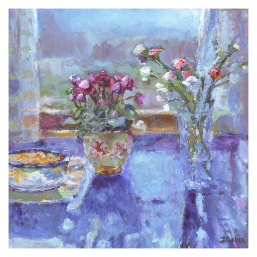 Fine Art Print. Giclee Print made from original painting of a still life painting with flowers on a table with a window view called quiet morning. Framed prints from original art. Available at Judi Glover Art. Original Painting by Judi Glover. Used for Wall Art.