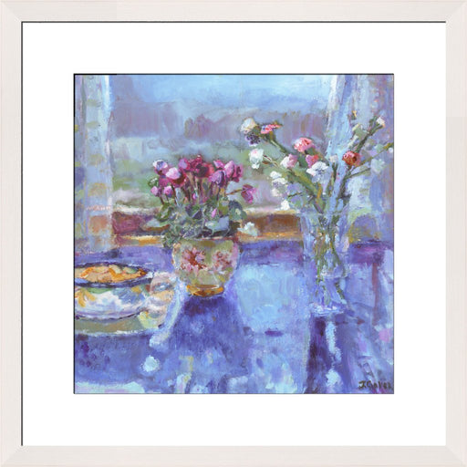 Fine Art Print. Giclee Print made from original painting of a still life painting with flowers on a table with a window view called quiet morning. Framed prints from original art. Available at Judi Glover Art. Original Painting by Judi Glover. Used for Wall Art. 
