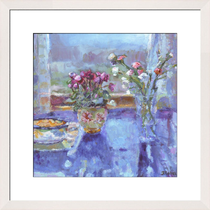 Fine Art Print. Giclee Print made from original painting of a still life painting with flowers on a table with a window view called quiet morning. Framed prints from original art. Available at Judi Glover Art. Original Painting by Judi Glover. Used for Wall Art.