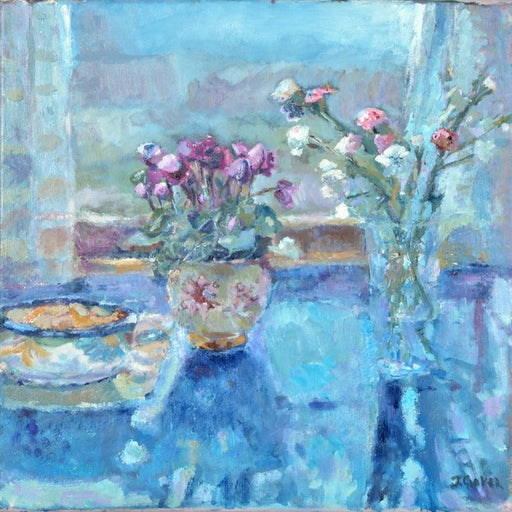 An artistic greeting card from Judi Glover Art. The card is from a still life painting. Each fine art greeting card is 6 x 6 inches and is provided with an envelope. A blank card for your own message.