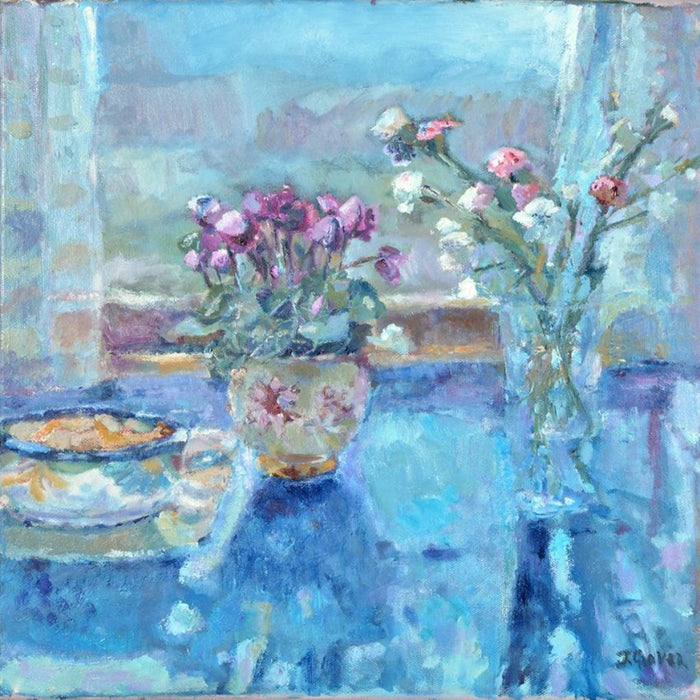 An artistic greeting card from Judi Glover Art. The card is from a still life painting. Each fine art greeting card is 6 x 6 inches and is provided with an envelope. A blank card for your own message.