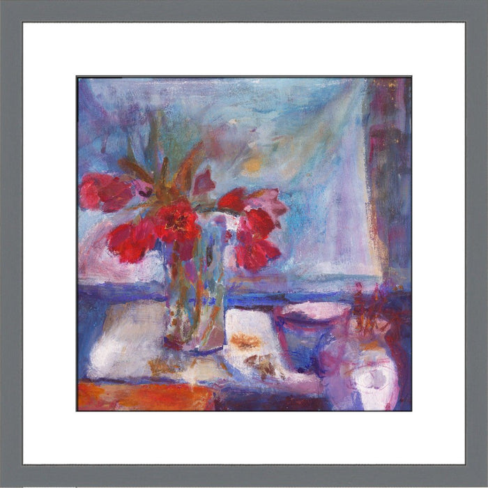 Fine Art Print. Giclee Print made from original painting with tulips on a table. Painting of Red Tulips as a Fine Art Print. Framed prints from original art. Available at Judi Glover Art. Original Painting by Judi Glover. Used for Wall Art.