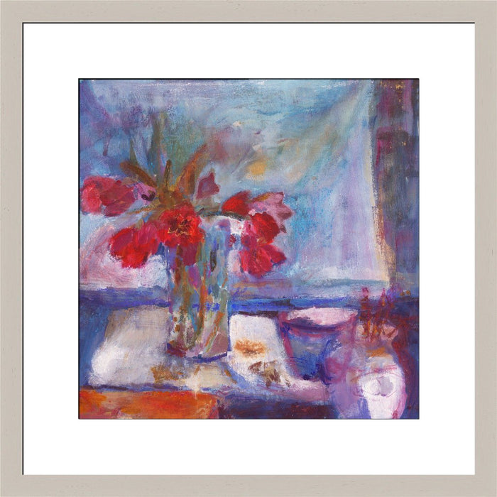 Fine Art Print. Giclee Print made from original painting with tulips on a table. Painting of Red Tulips as a Fine Art Print. Framed prints from original art. Available at Judi Glover Art. Original Painting by Judi Glover. Used for Wall Art.
