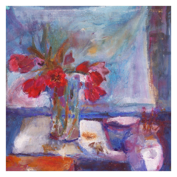 Fine Art Print. Giclee Print made from original painting with tulips on a table. Painting of Red Tulips as a Fine Art Print. Framed prints from original art. Available at Judi Glover Art. Original Painting by Judi Glover. Used for Wall Art.