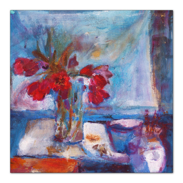 red tulips Canvas Print. Canvas Print made from original painting with tulips on a table. Painting of Red Tulips as a canvas print. Framed canvas prints from original art. Available at Judi Glover Art. Original Painting by Judi Glover. This tulop print can be used for Wall Art.