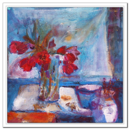 red tulips Canvas Print. Canvas Print made from original painting with tulips on a table. Painting of Red Tulips as a canvas print. Framed canvas prints from original art. Available at Judi Glover Art. This tulip print is from an original Painting by Judi Glover. Used for Wall Art.