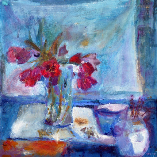 Red Tulips Greeting Card printed on 300 GSM card measuring 6" x 6" and blank inside. The Tulips card is available online from Judi Glover Art
