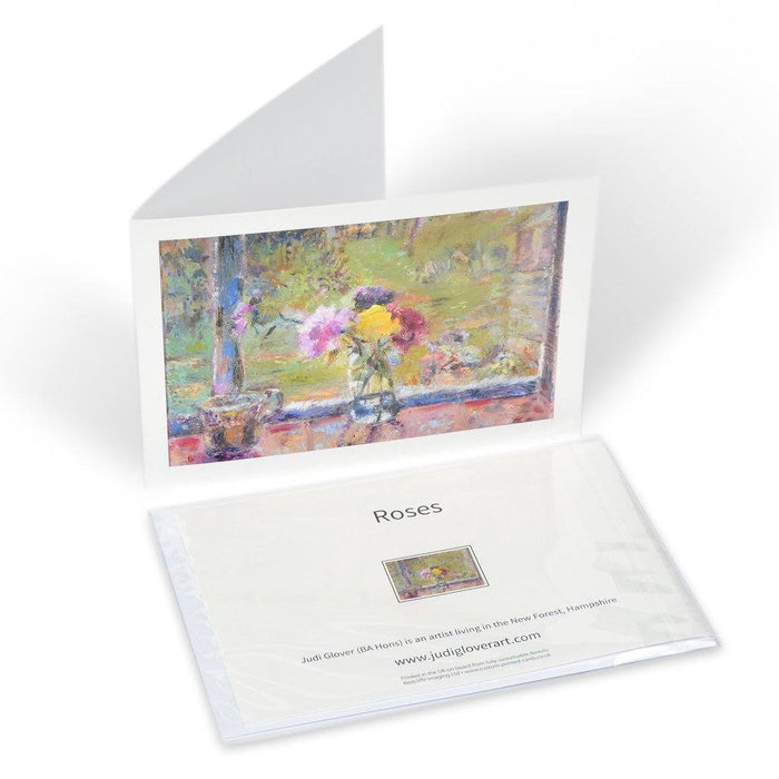 Floral greeting card from a painting of roses by Judi Glover Art. The art greeting card is printed on high quality 300 gsm card. The roses card is blank inside with envelopes