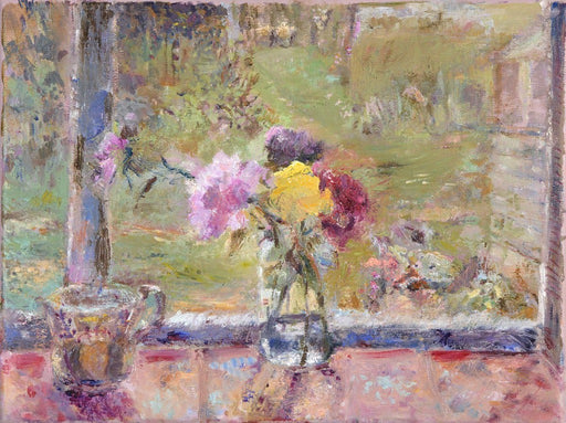 Art greeting card from a painting of roses in a vase on a window sill by Judi Glover Art. The roses card is 7 x 5 inches and blank inside with envelopes and is a perfect card for Mum