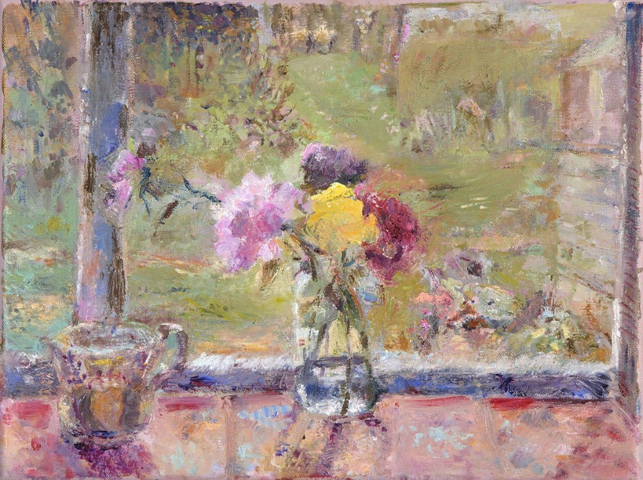 Art greeting card from a painting of roses in a vase on a window sill by Judi Glover Art. The roses card is 7 x 5 inches and blank inside with envelopes and is a perfect card for Mum